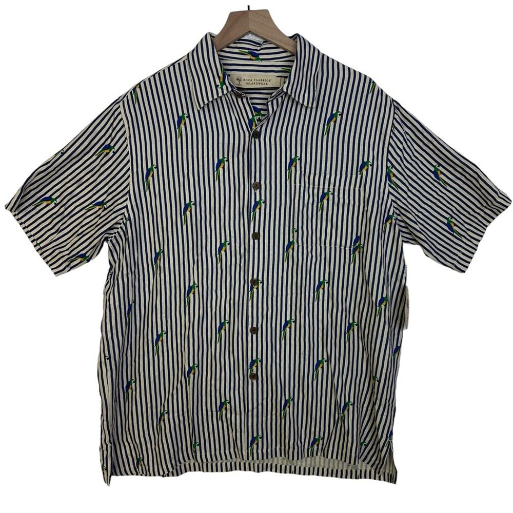 Boca Classics Silk Shirt Beige‎ Blue Striped Parrot Vacation Novelty Tropical L